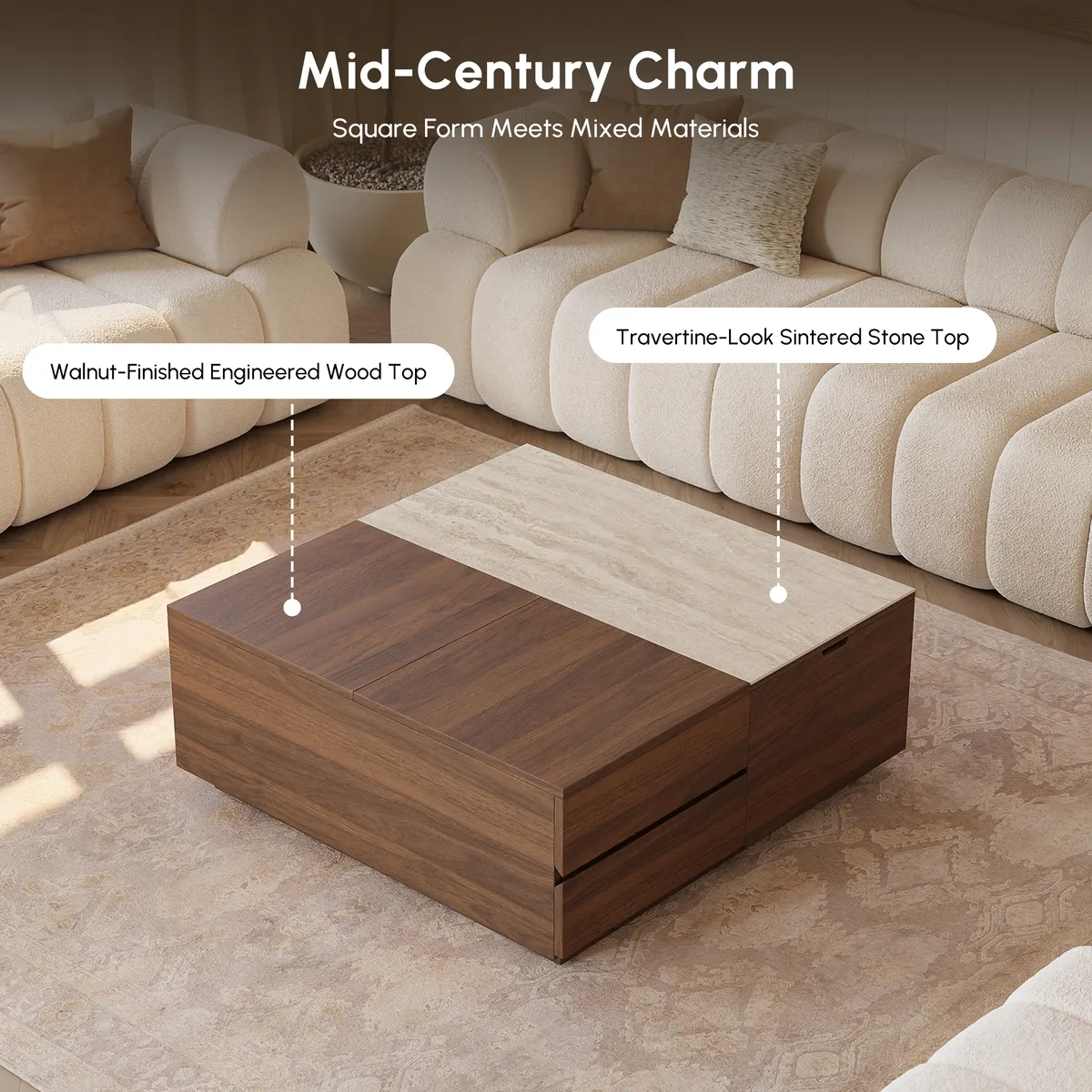 39" Square Lift-Top Wood Travertine Veneer Sintered Stone Top Coffee Table with Storage — image 19