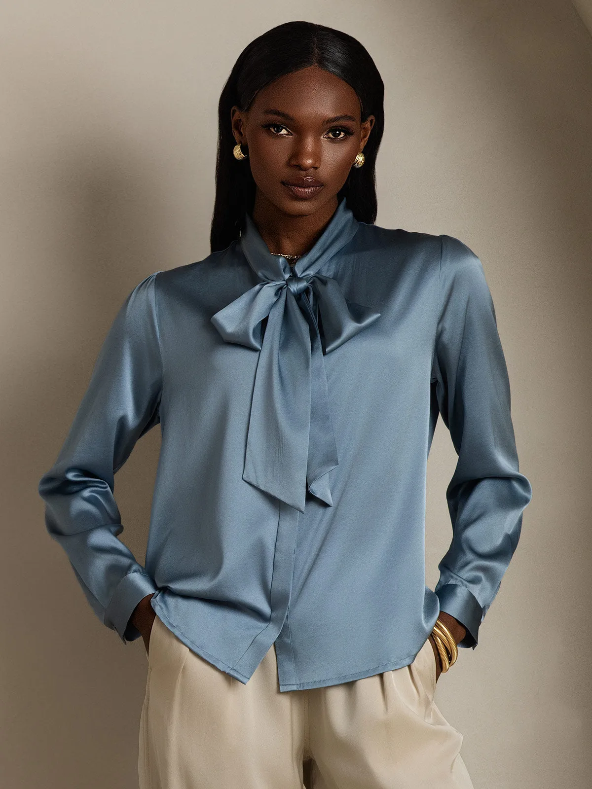 19Momme Silk Long Sleeve Tie Neck Elegant Blouse