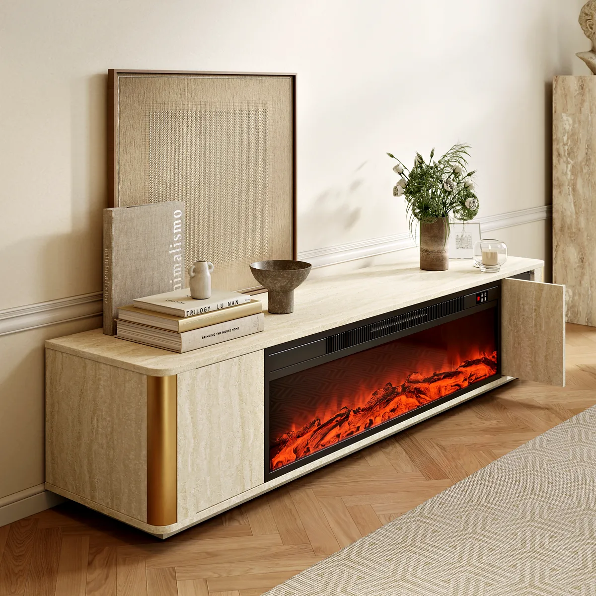 79" Travertine Veneer Electric Fireplace TV Stand with Storage in Oatmeal For living Room — image 7