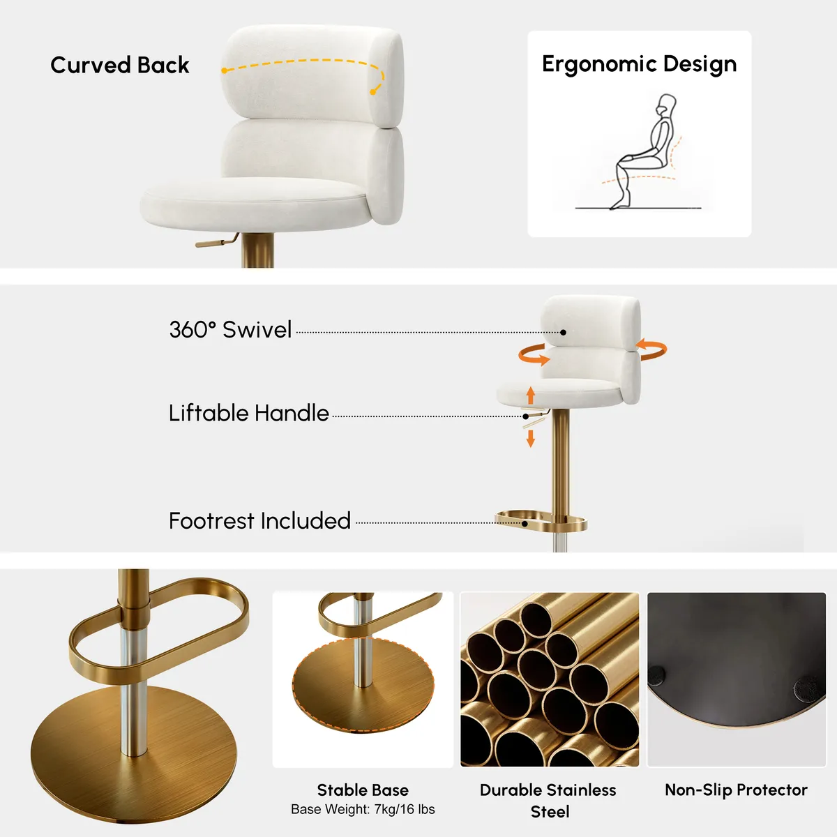 Modern Bar Stool Velvet Adjustable Height Swivel Black with Full Back Counter Stool — image 7