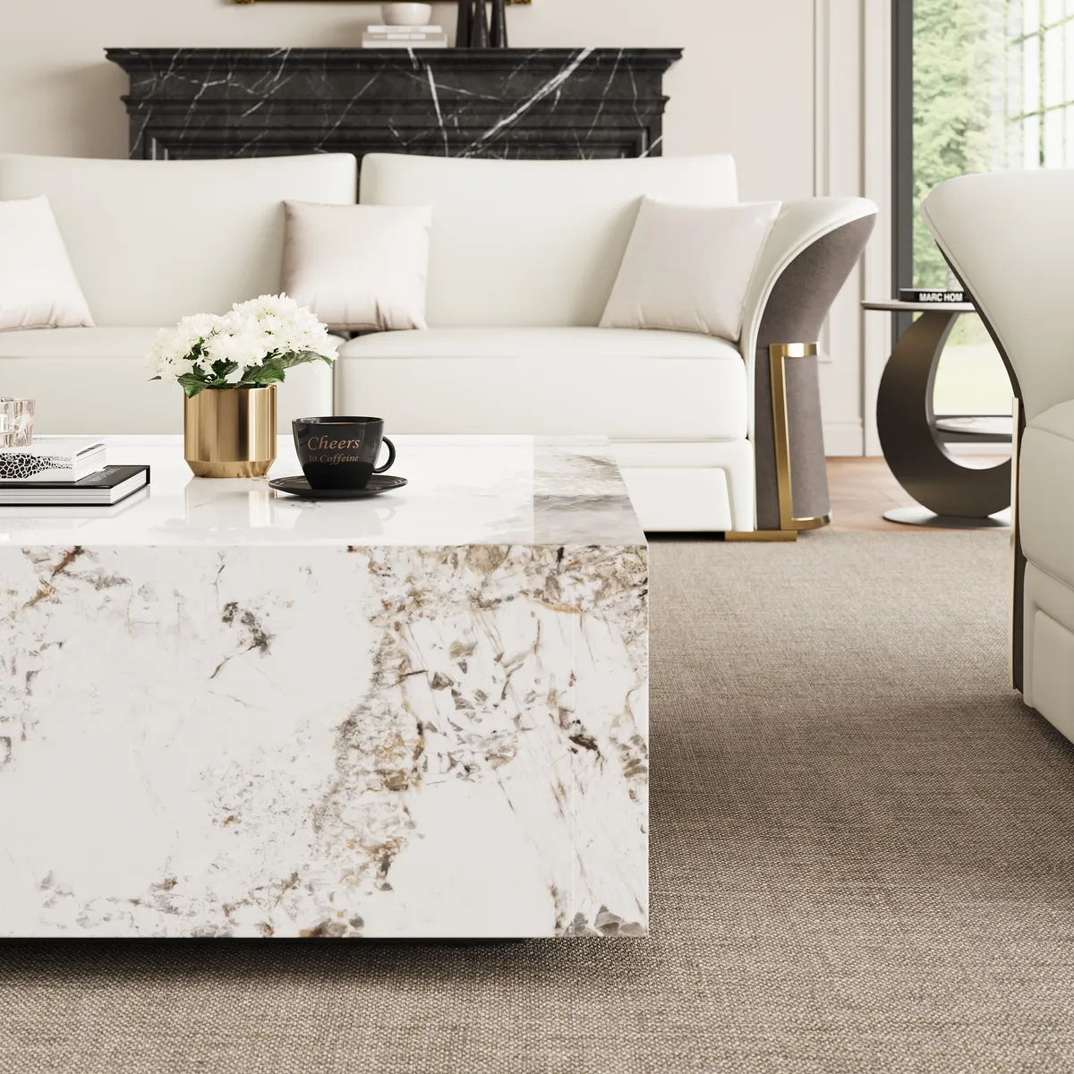 39" Square Sintered Stone Block Coffee Table With Storage Modern Off White Living Room Table — image 5