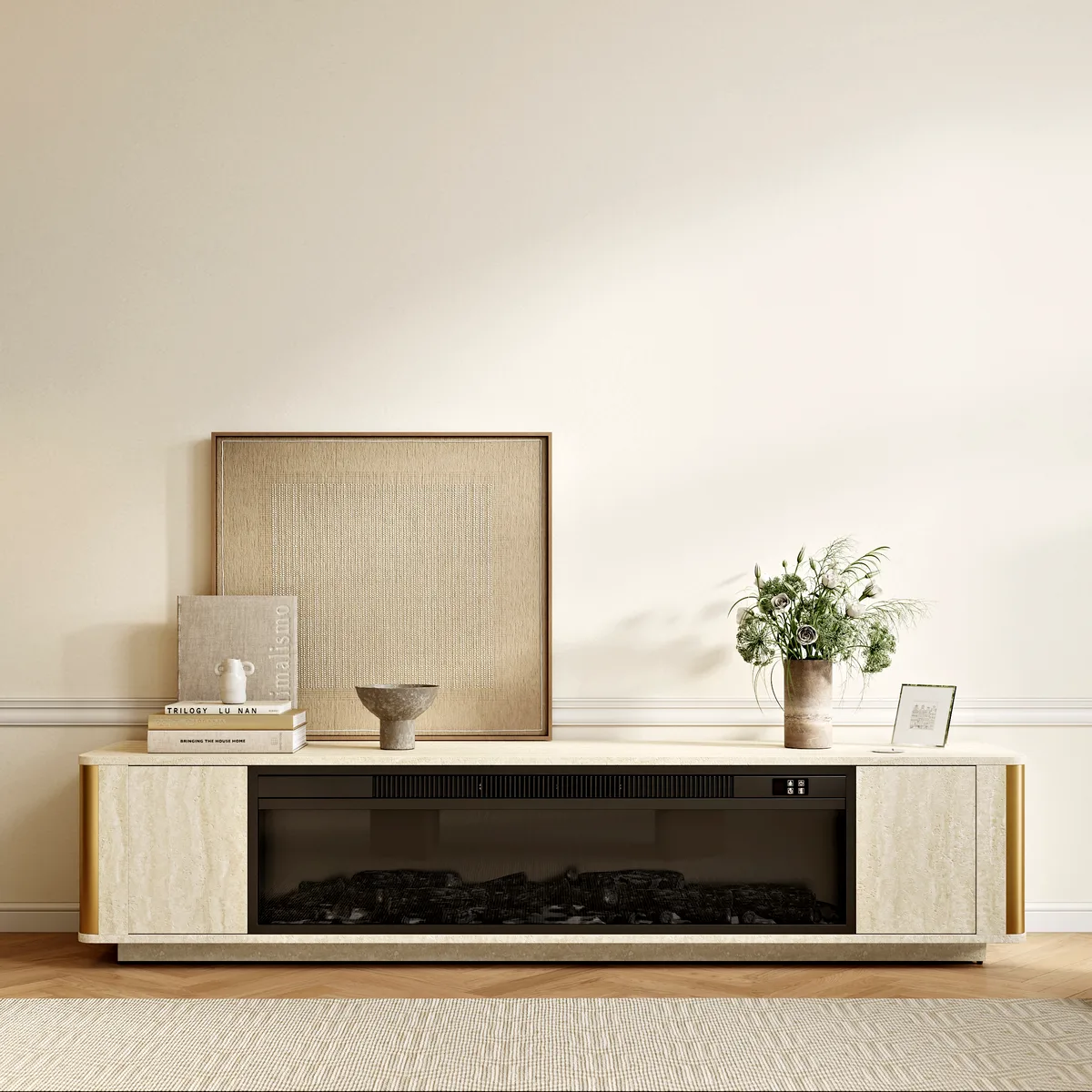 79" Travertine Veneer Electric Fireplace TV Stand with Storage in Oatmeal For living Room — image 6