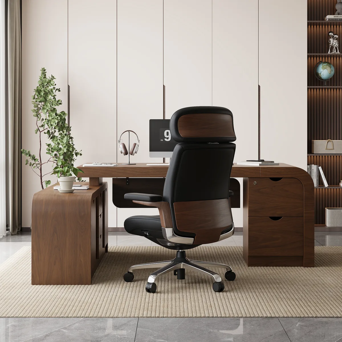 Black Genuine Leather Swivel Office Chair with Ergonomic Synchro-Tilt Recline System — image 3