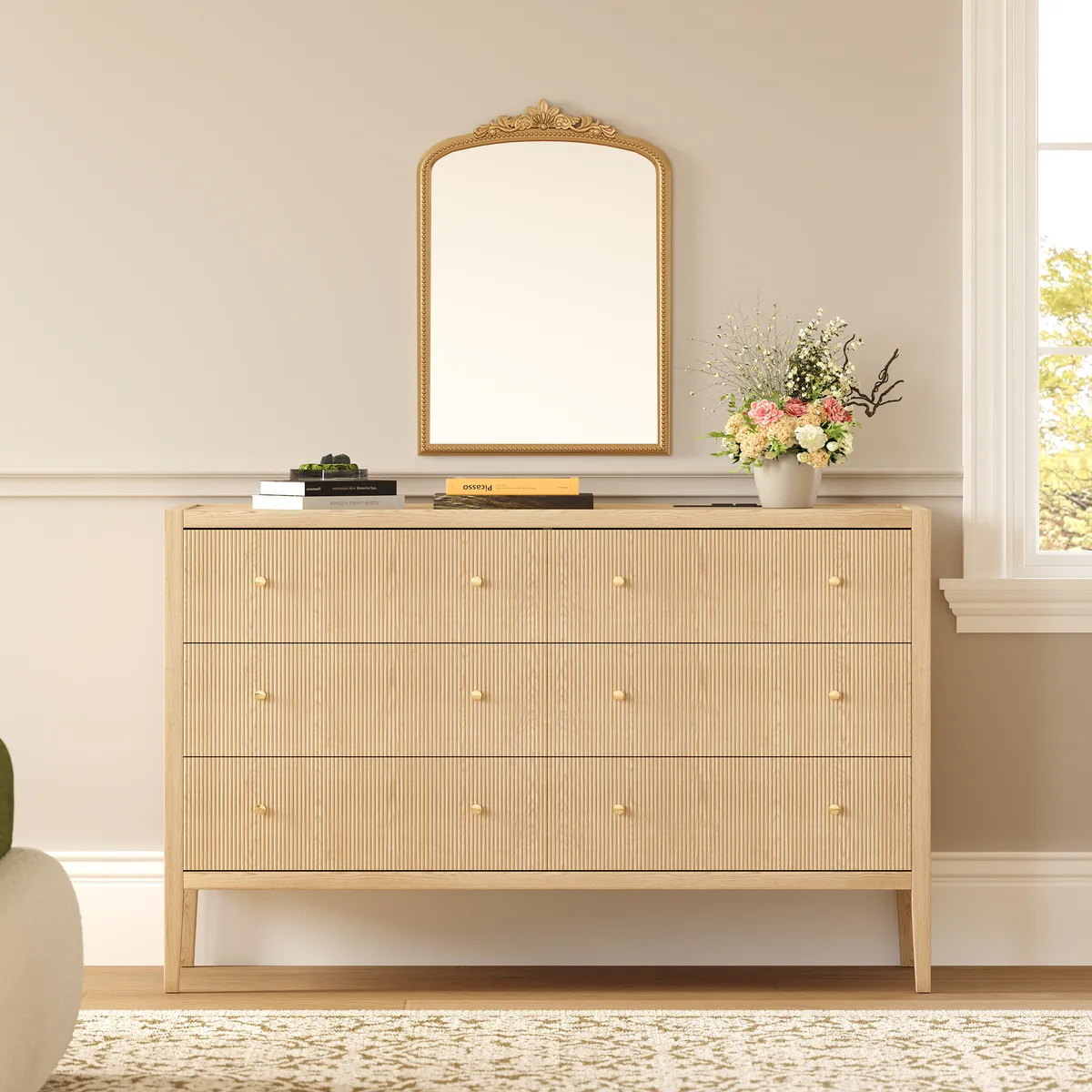 47" Fluted Natural 6-Drawer Dresser with Charging Station