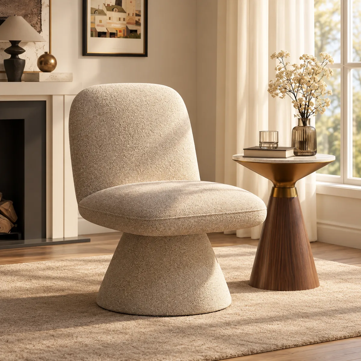 18" Modern Orange Boucle Swivel Accent Chair Sculptural L-Shaped Slipper Lounge Chair