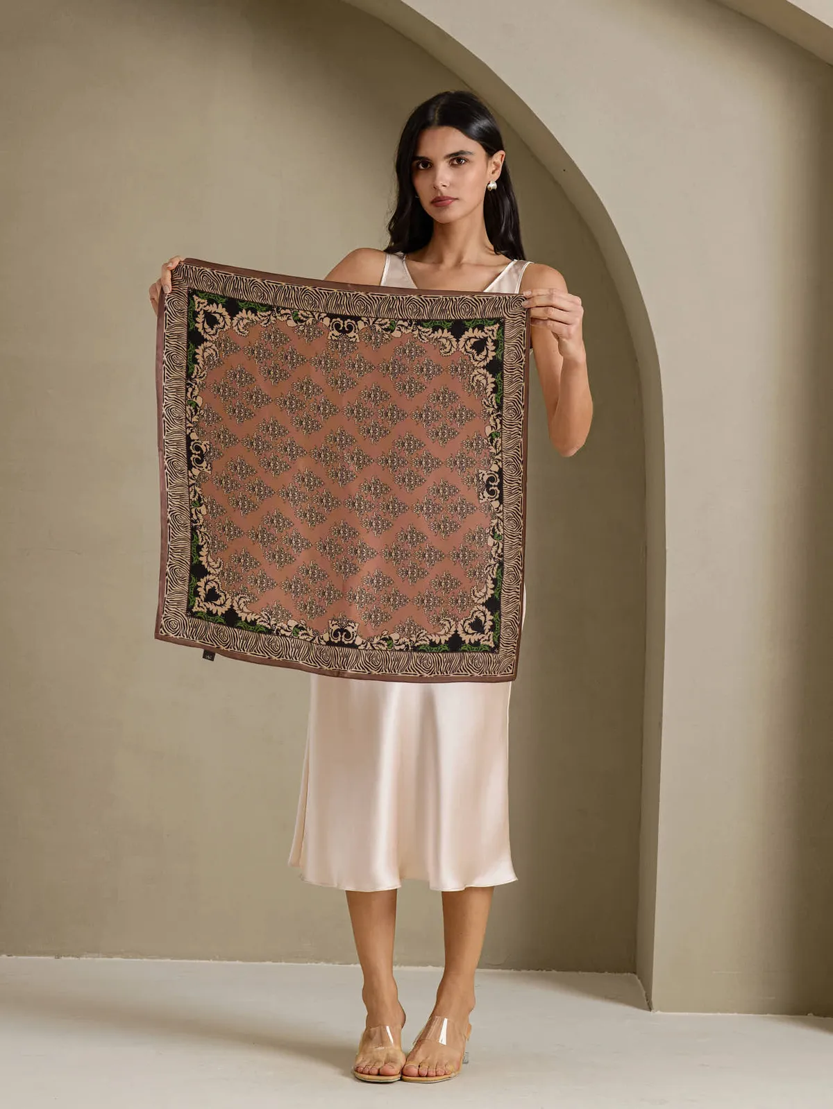 Pure Silk Damask Floral Print Square Scarf - Size 70x70cm — image 4