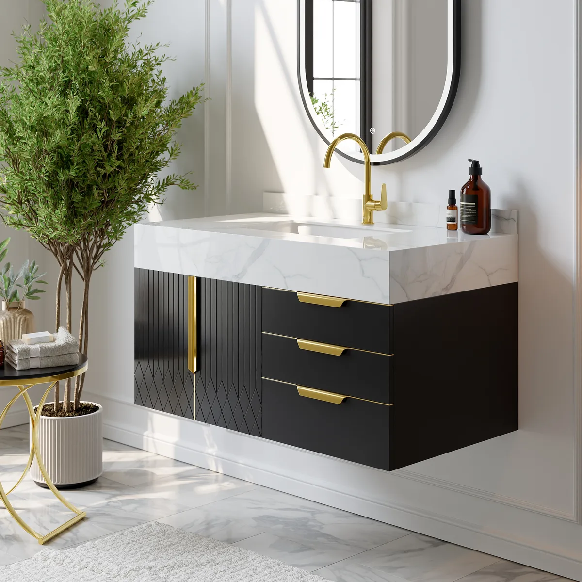 59" Wall Mounted Bathroom Vanity Faux Marble Top with Double Sink — image 4