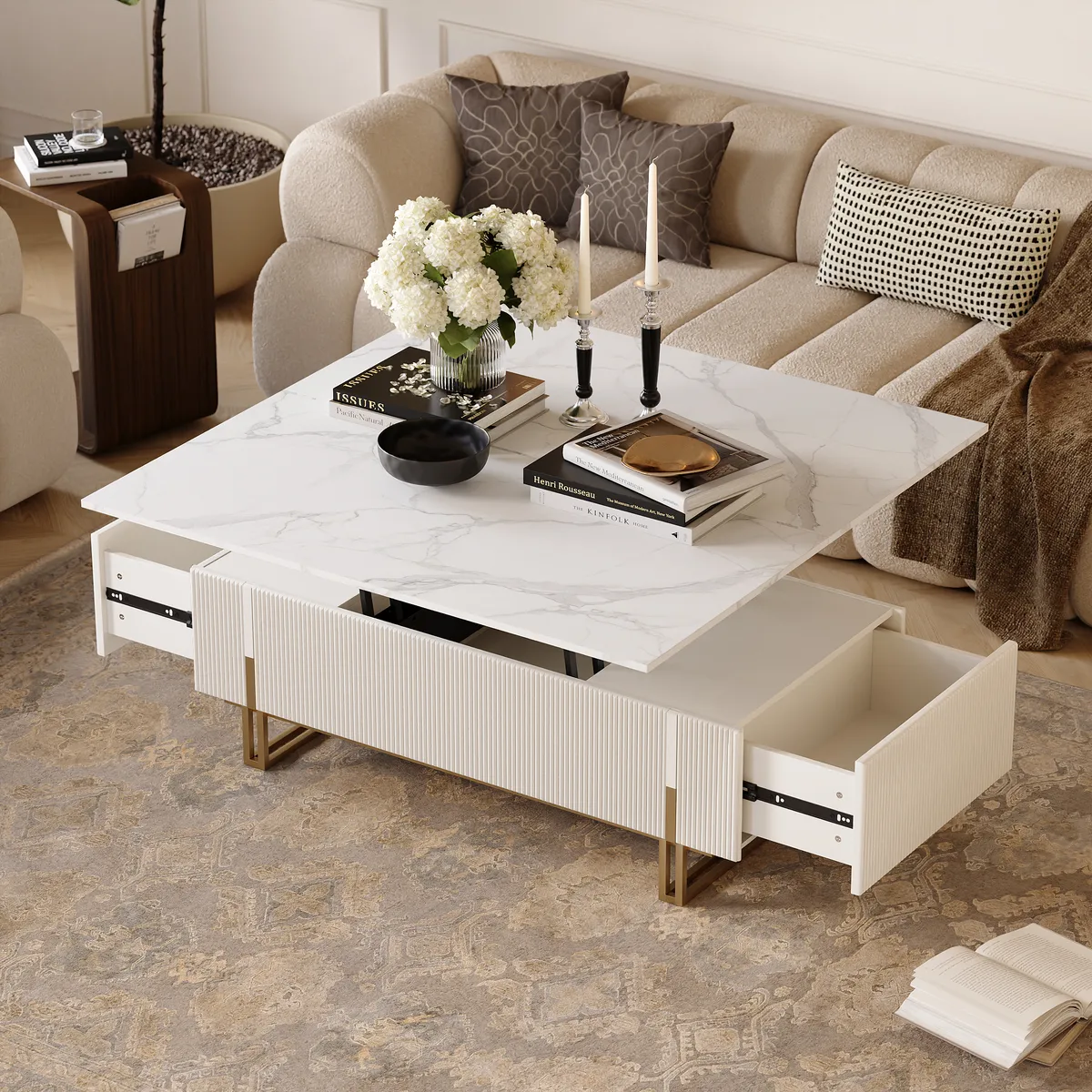 47.2" Fluted Lift-Top Coffee Table with 2 Drawers — image 3