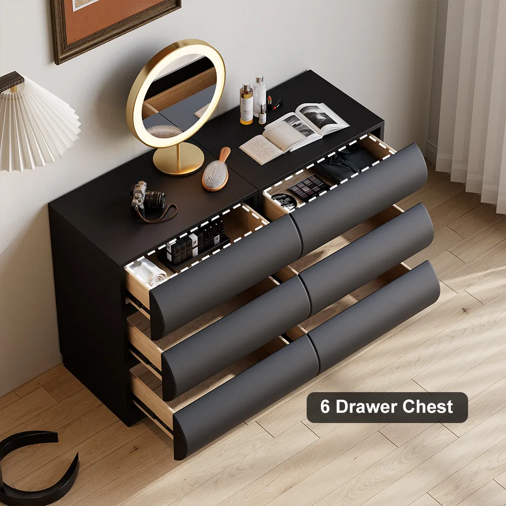 Humply Modern Black Leather 6 Drawer Dresser Chest with Storage Cabinet — image 11