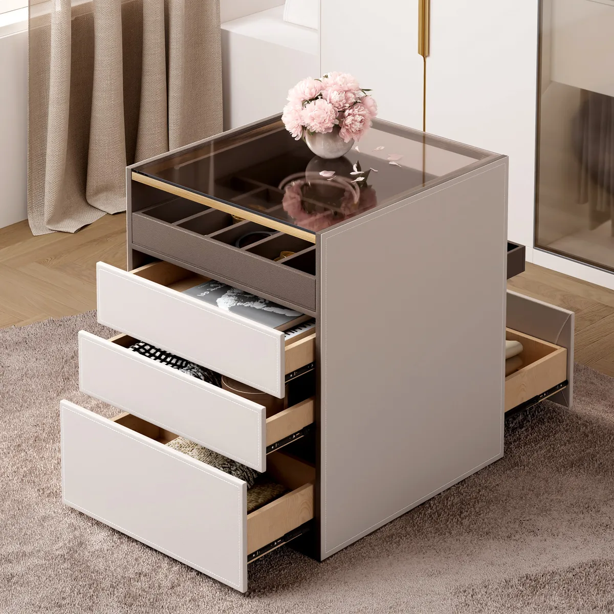 Saddle Leather 7-Dresser Walk-In Closet Island with Light & Jewelry Display — image 3