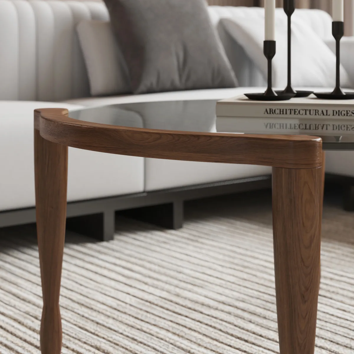 Mid Century Modern Glass and Walnut Round Coffee Table with Wood Legs — image 9