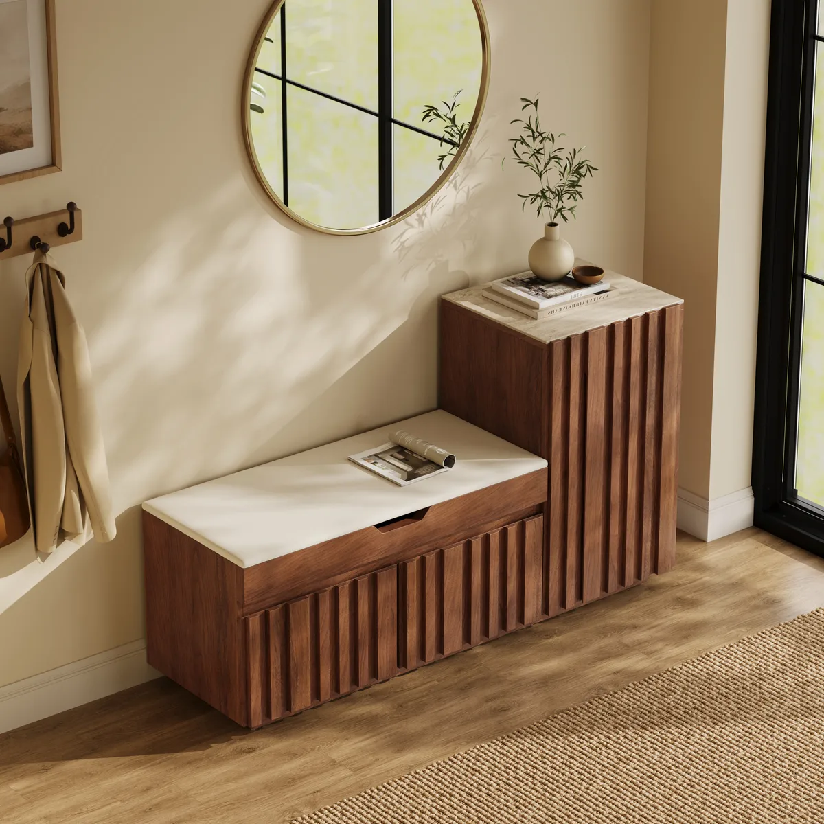 Aura 47” Wooden Shoe Storage Bench with Right-Side Cabinet for Entryway — image 3