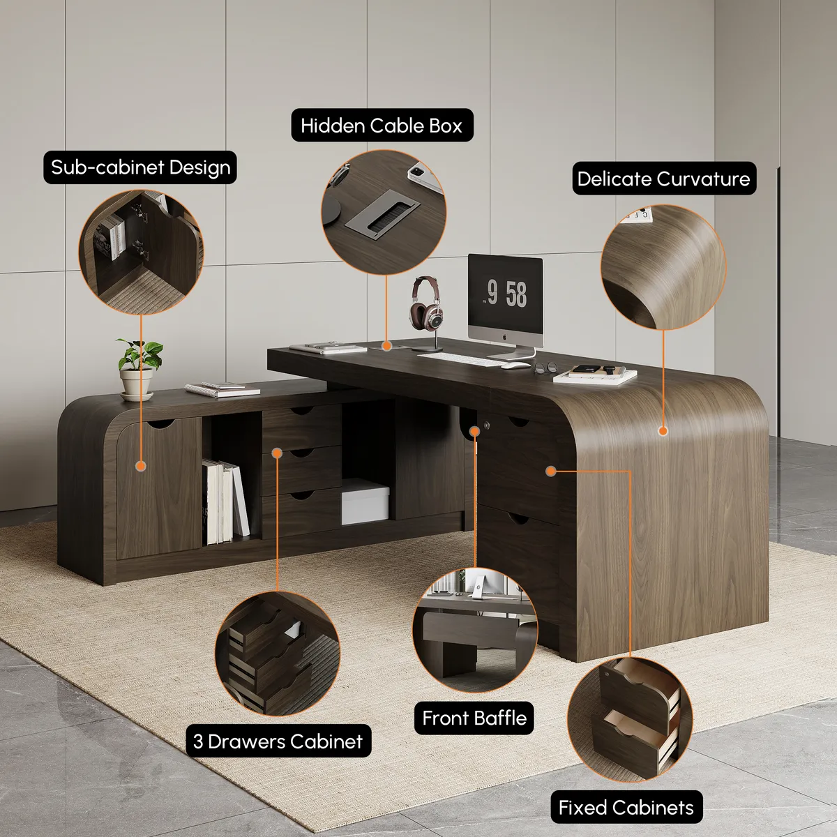 Chicent 71'' L-shaped Smoked Brown Computer Desk with Cabinet Left Hand — image 9