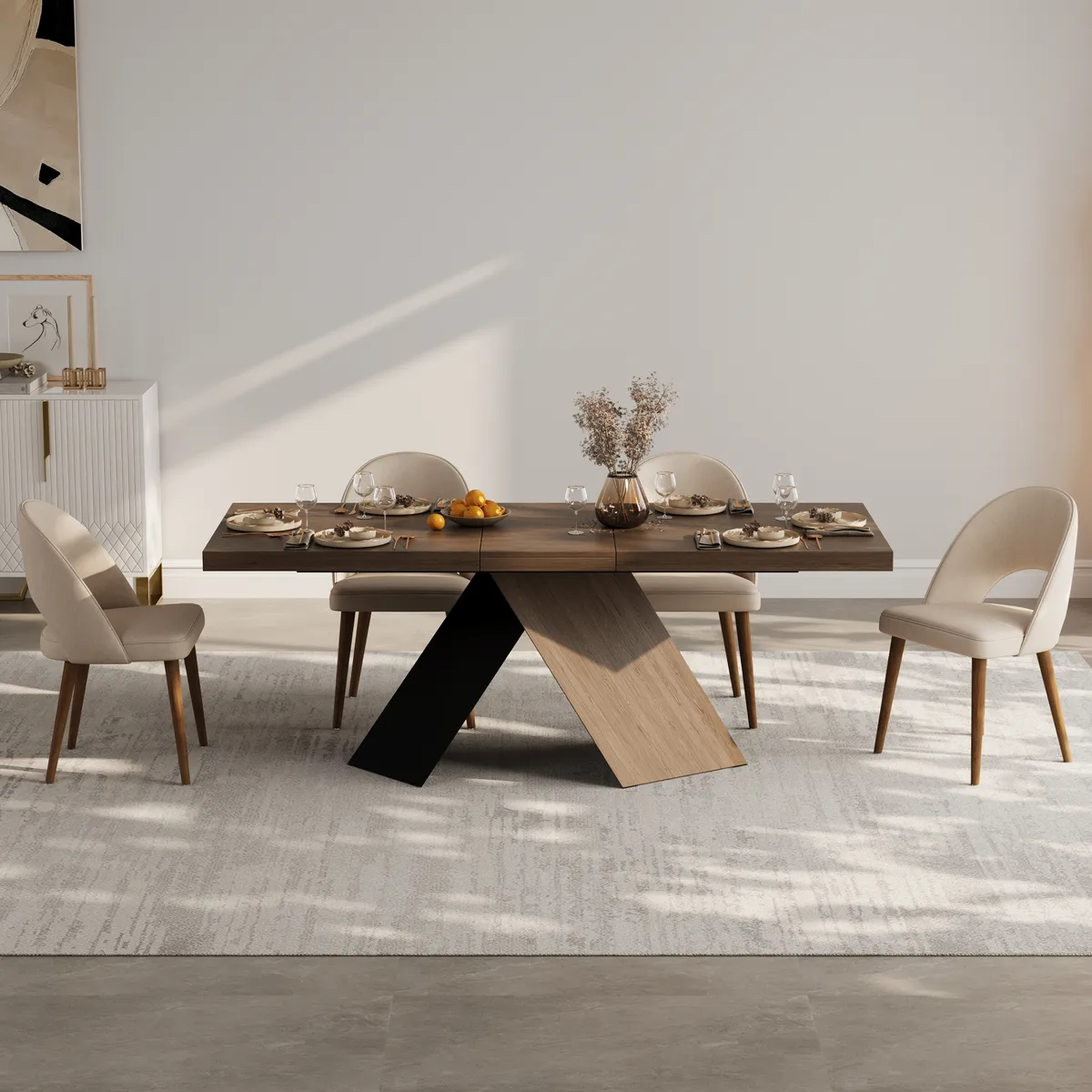 63"-79" Extendable Walnut Dining Table Modern Farmhouse Rectangle 4-6 Seater Pedestal — image 4