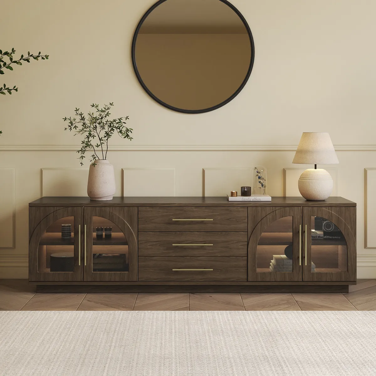 Arune 72" Arched Glass Doors Smoked Brown TV Stand with Storage and LED — image 3
