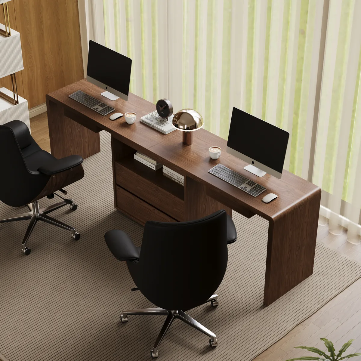 White Double Desk with Drawers & 2 Ivory PU Leather Modern Home Office Chairs — image 4