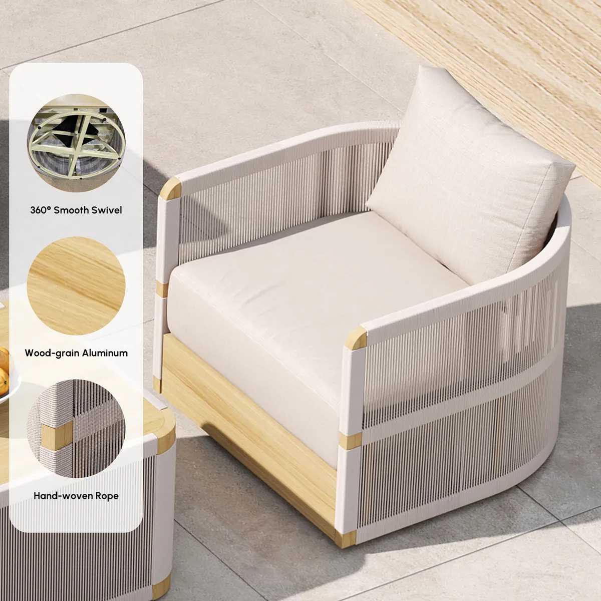 Costra Modern Aluminum & Rope Outdoor Swivel Sofa Set with Coffee Table & Cover — image 18