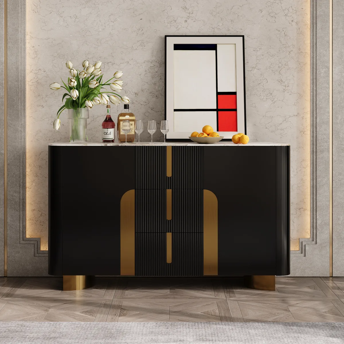 Artis Modern White 59"W Sintered Stone Sideboard 3 Drawers Kitchen Buffet Table
