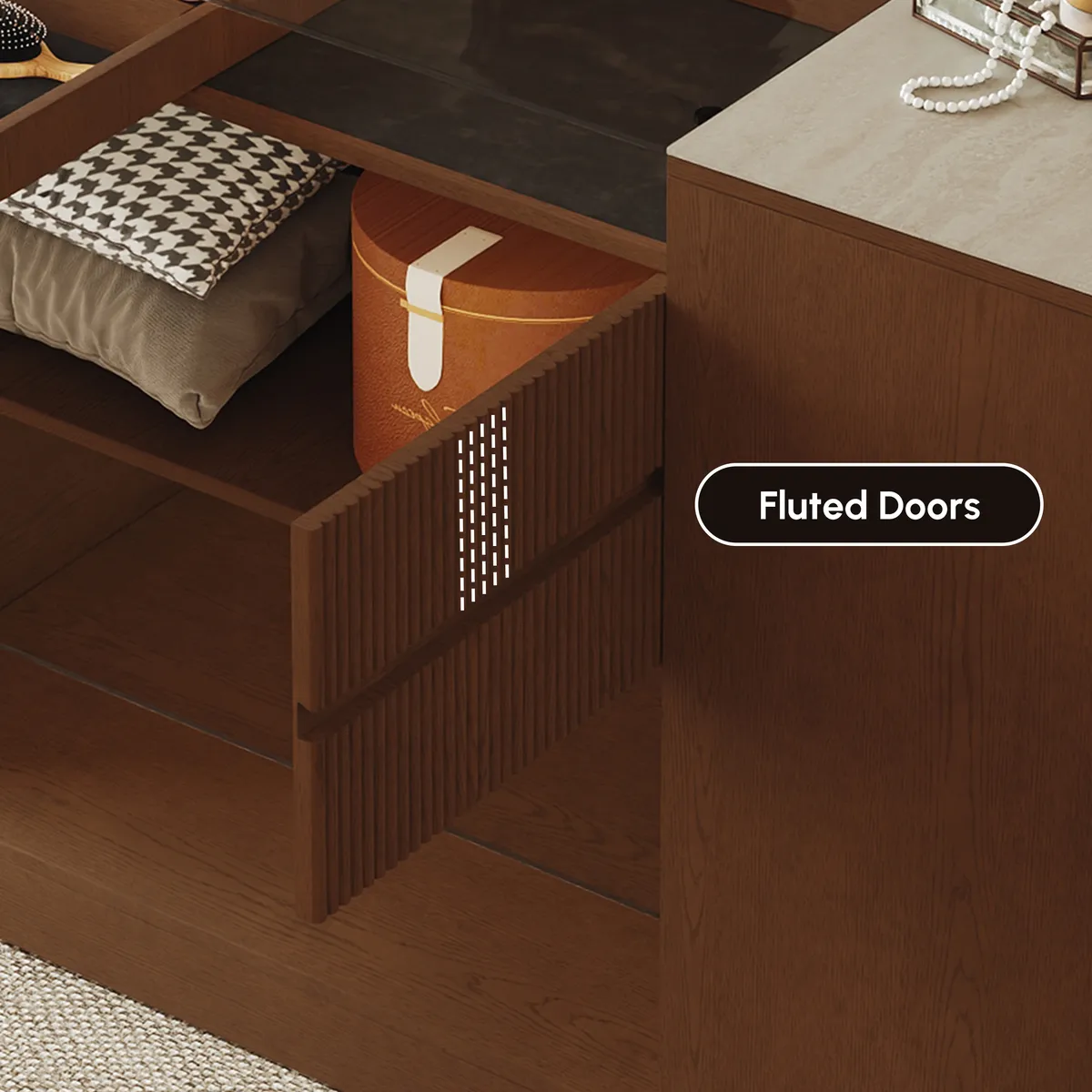 60" Glass Top Walnut Dresser Walk-in Closet Island with Jewelry Storage — image 8