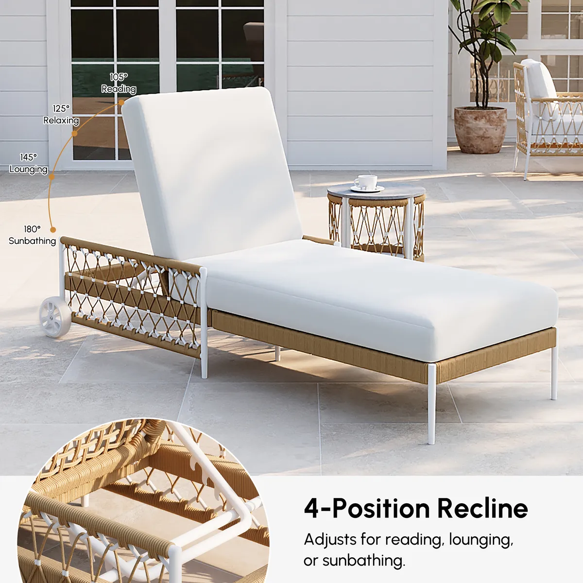 79.5" Ropipe Outdoor Rope-Woven Lounge Chair with Adjustable Backrest & Wheels — image 7