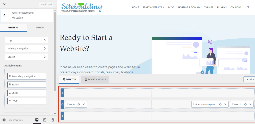Customize Sitebudding header footer