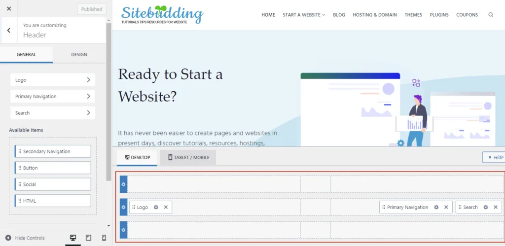 Customize Sitebudding header footer
