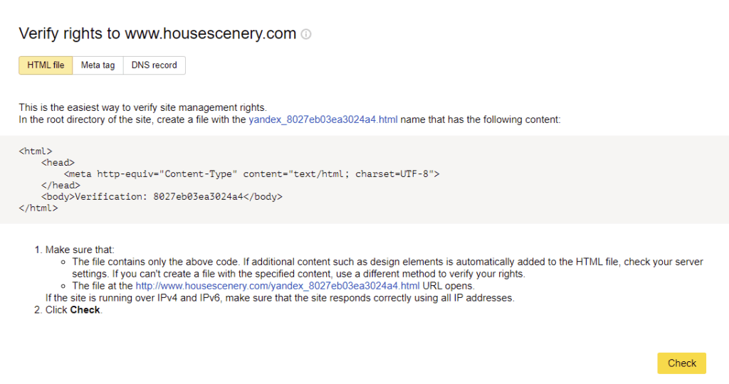 Yandex Webmaster access rights