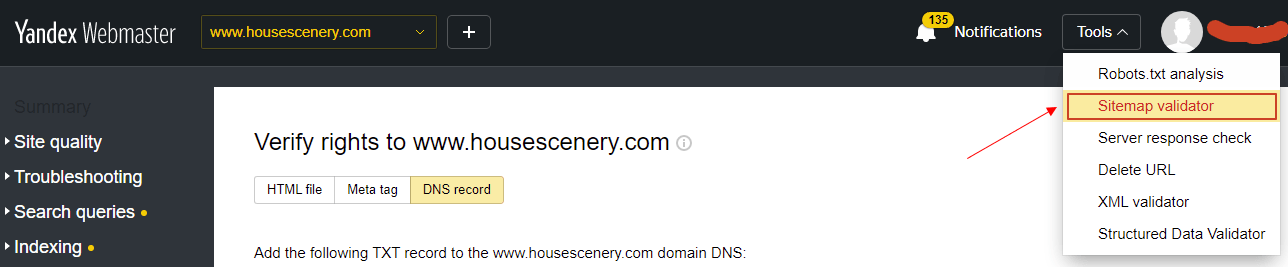 Yandex Webmaster sitemap