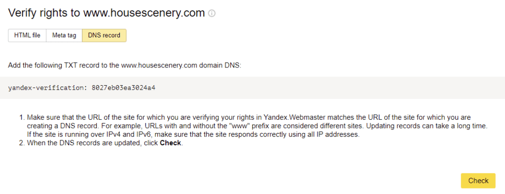 Yandex Webmaster txt record