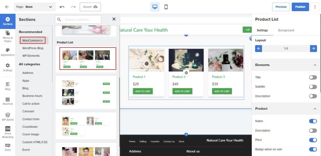 Bluehost Website Builder editstorepage
