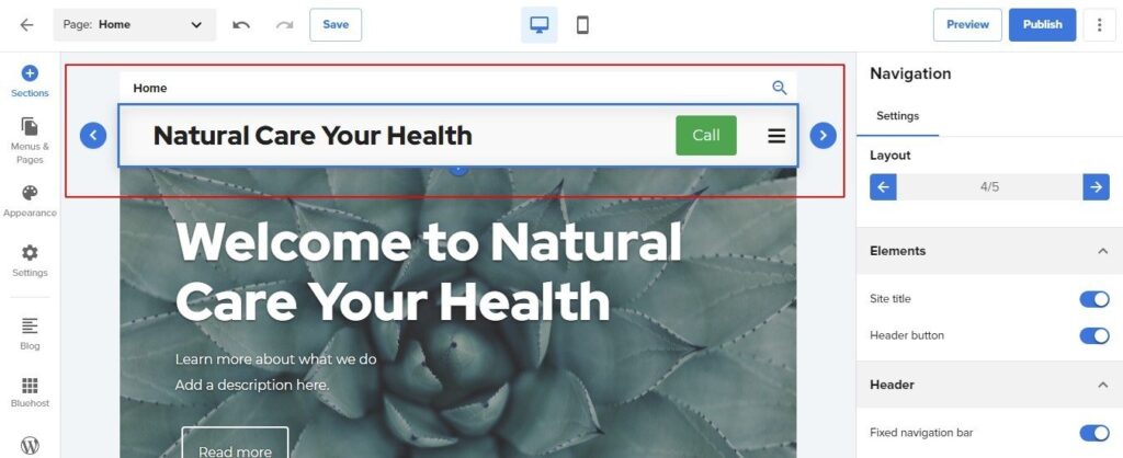 Bluehost Website Builder header
