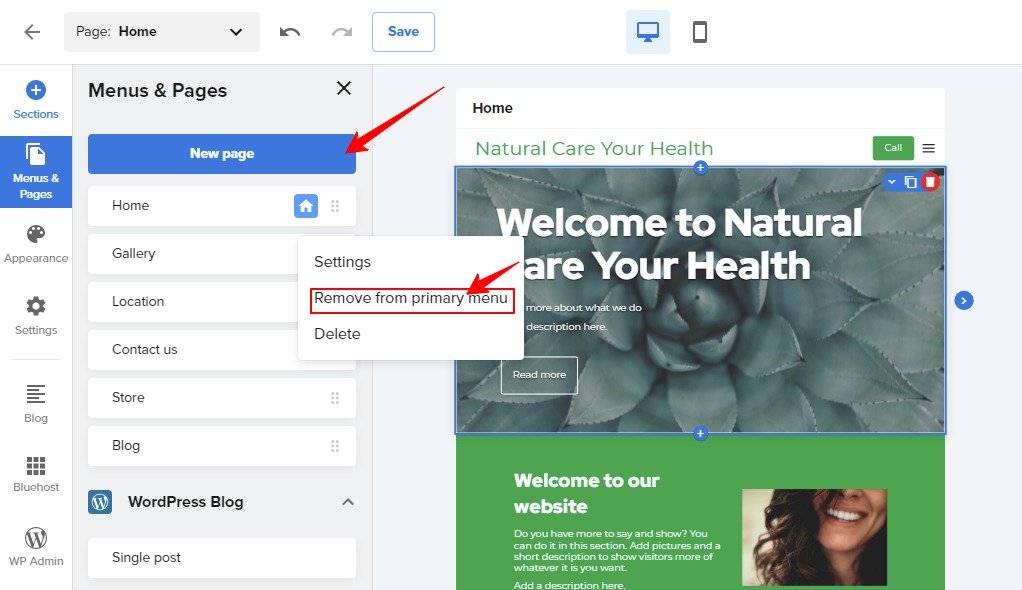 Bluehost Website Builder menus