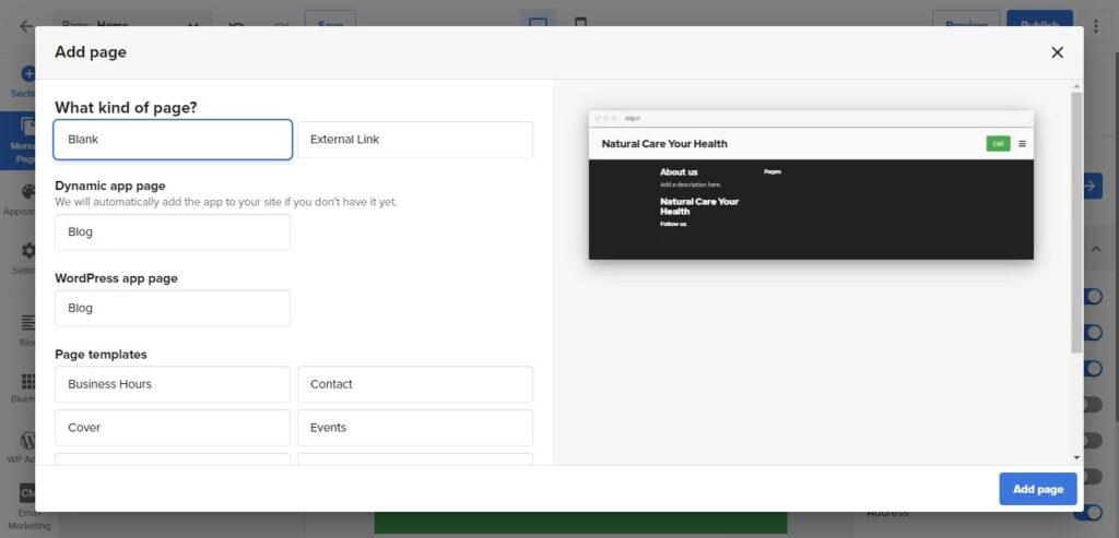 Bluehost Website Builder new Page