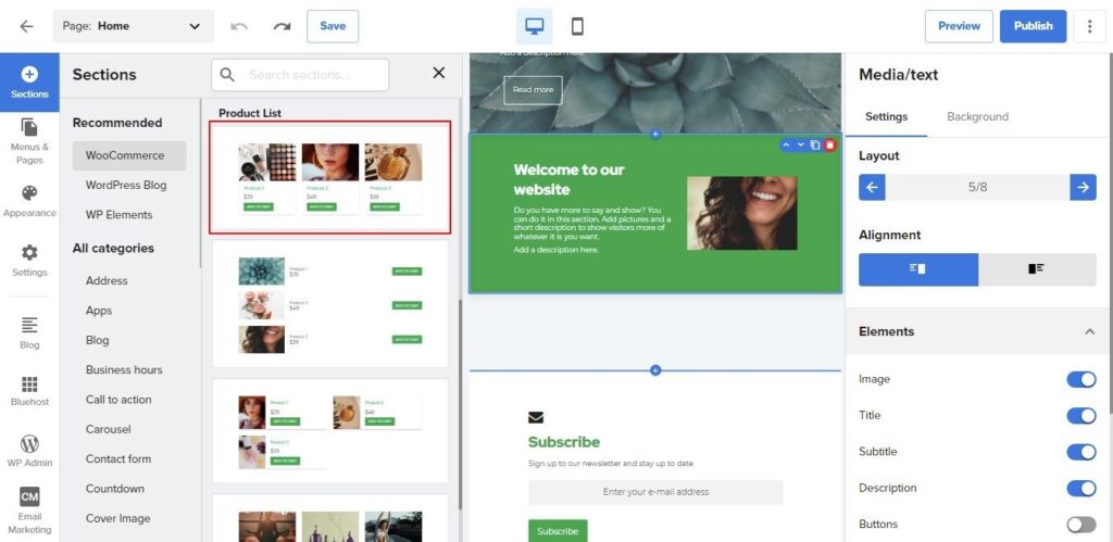 Bluehost Website Builder woocommerce section