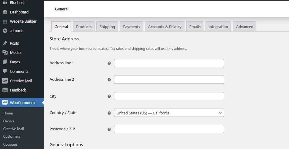 WooCommerce settings bluehost