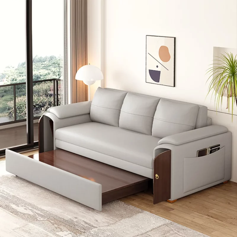 Pull Out Leather Sofa Bed Convertible Sleeper with Lift-top Coffee Table