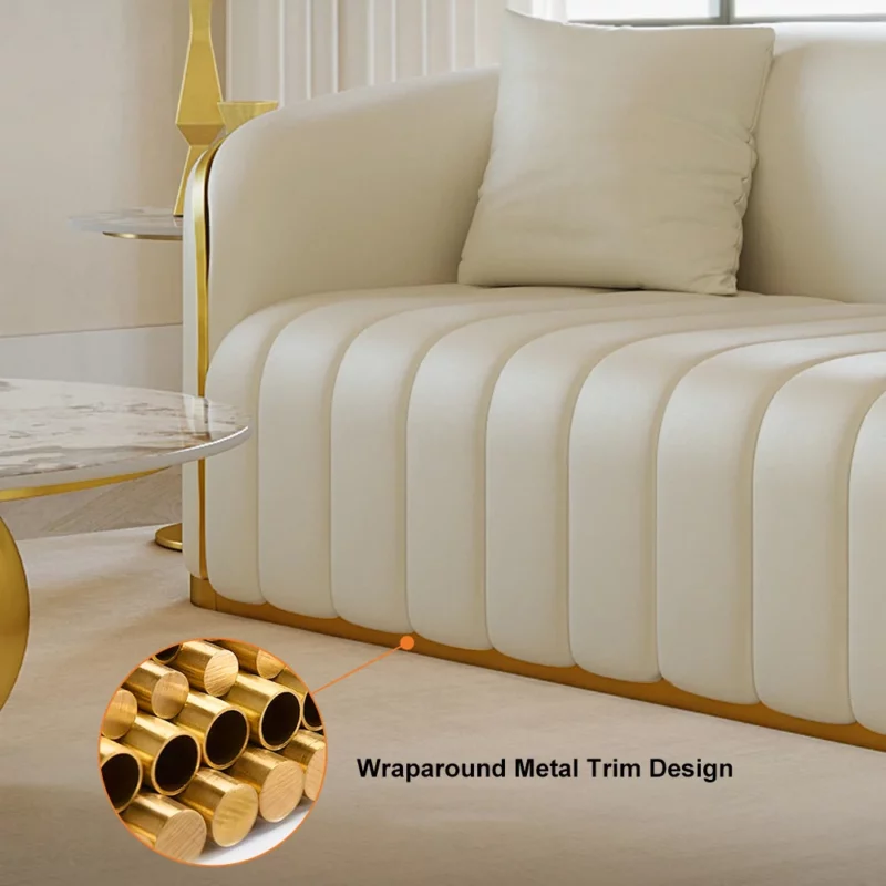 Modern Faux Leather Upholstered curved 3-Seater Sofa with Gold Legs