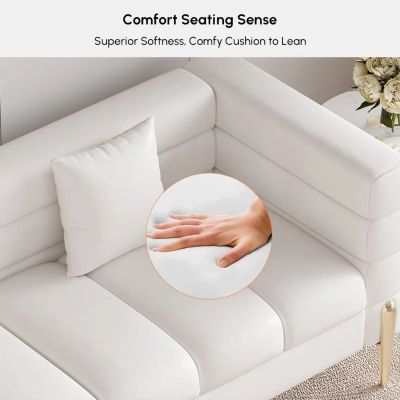 79in Faux Performance Leather Fluted Sofa with Gold Legs & Pillows