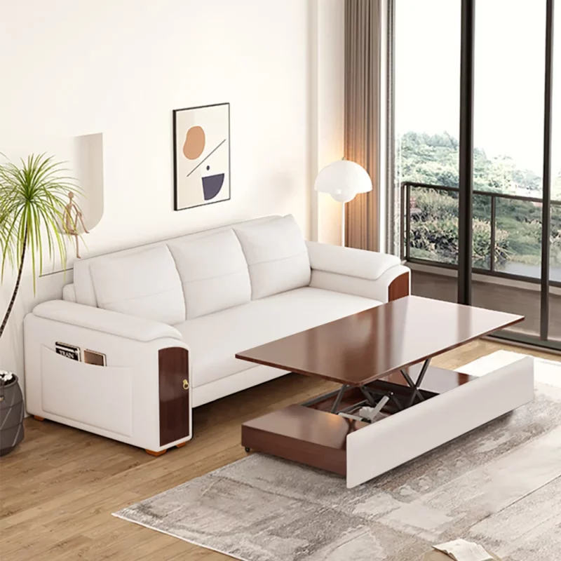 Pull Out Leather Sofa Bed Convertible Sleeper with Lift-top Coffee Table