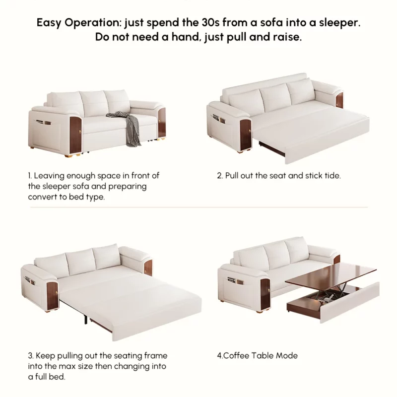Pull Out Leather Sofa Bed Convertible Sleeper with Lift-top Coffee Table