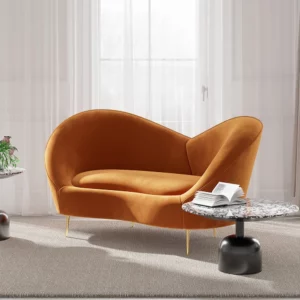 White and Orange Small 2-Seater Velvet Sofa with Curve Back - Image 3