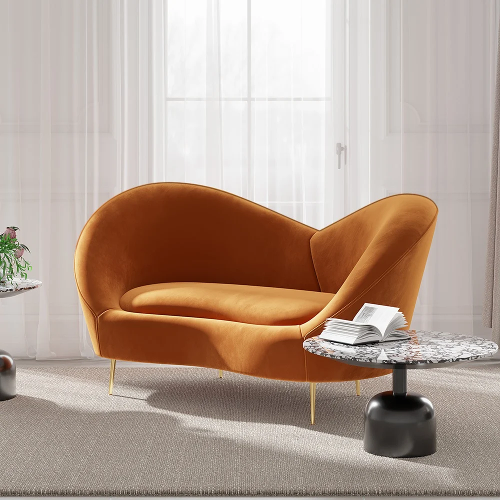 White and Orange Small 2-Seater Velvet Sofa with Curve Back - Image 3