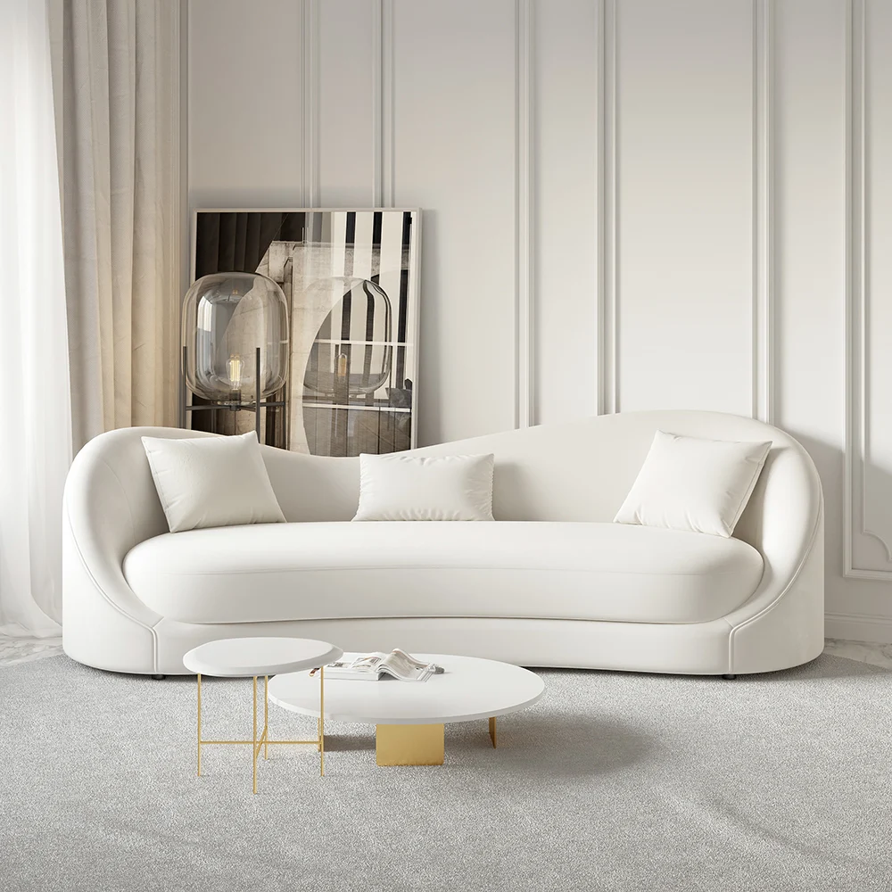 Graceful Off White curved silhouette Velvet Upholstered Sofa 3-Seater Solid Wood Frame - Image 3