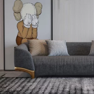 Cotton & Linen Upholstered Sofa 3-Seat with Gold Legs, Pillows included - Image 5