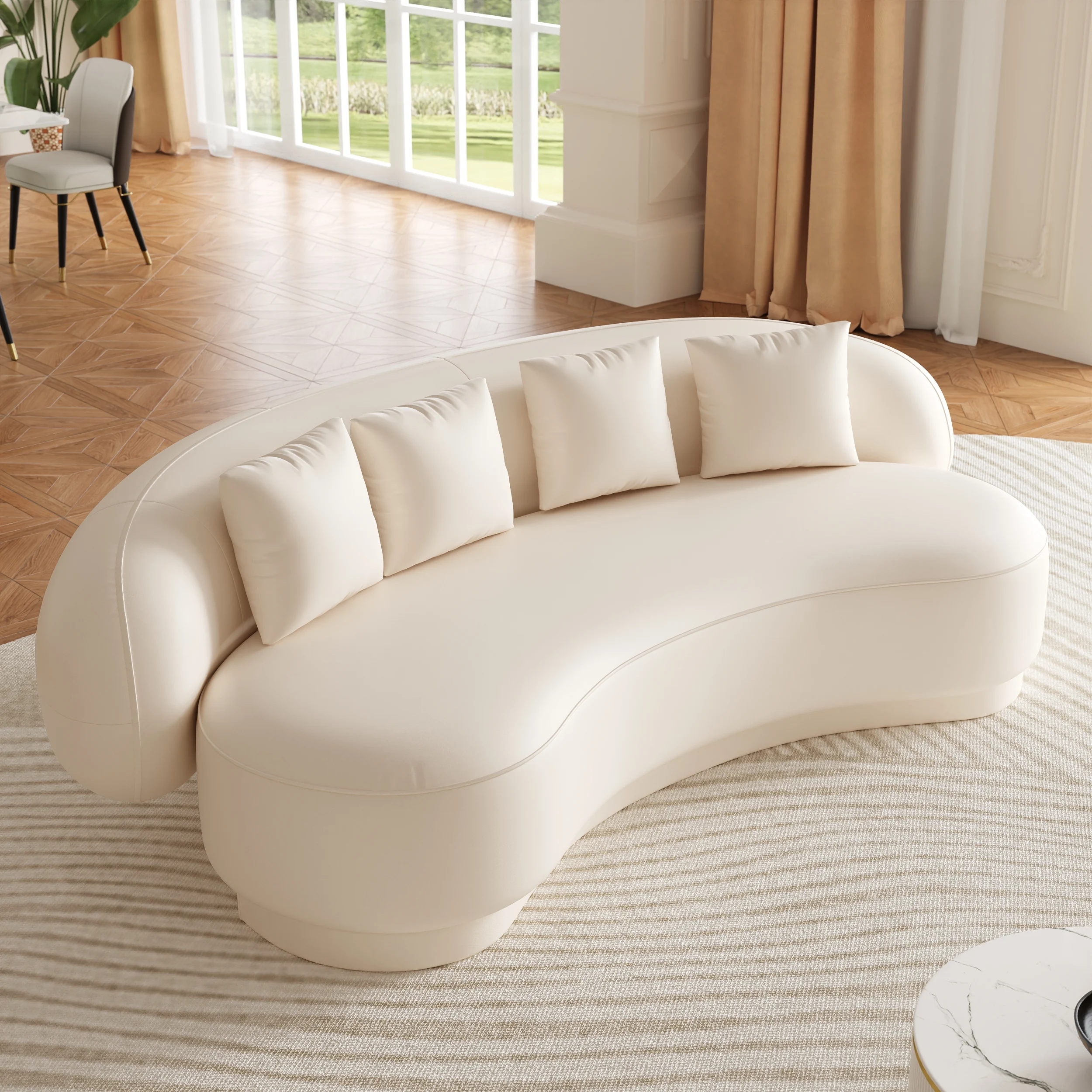 Modern Upholstered real curved Leather Sofa 3-Seater Sofa 82.7" - Image 3