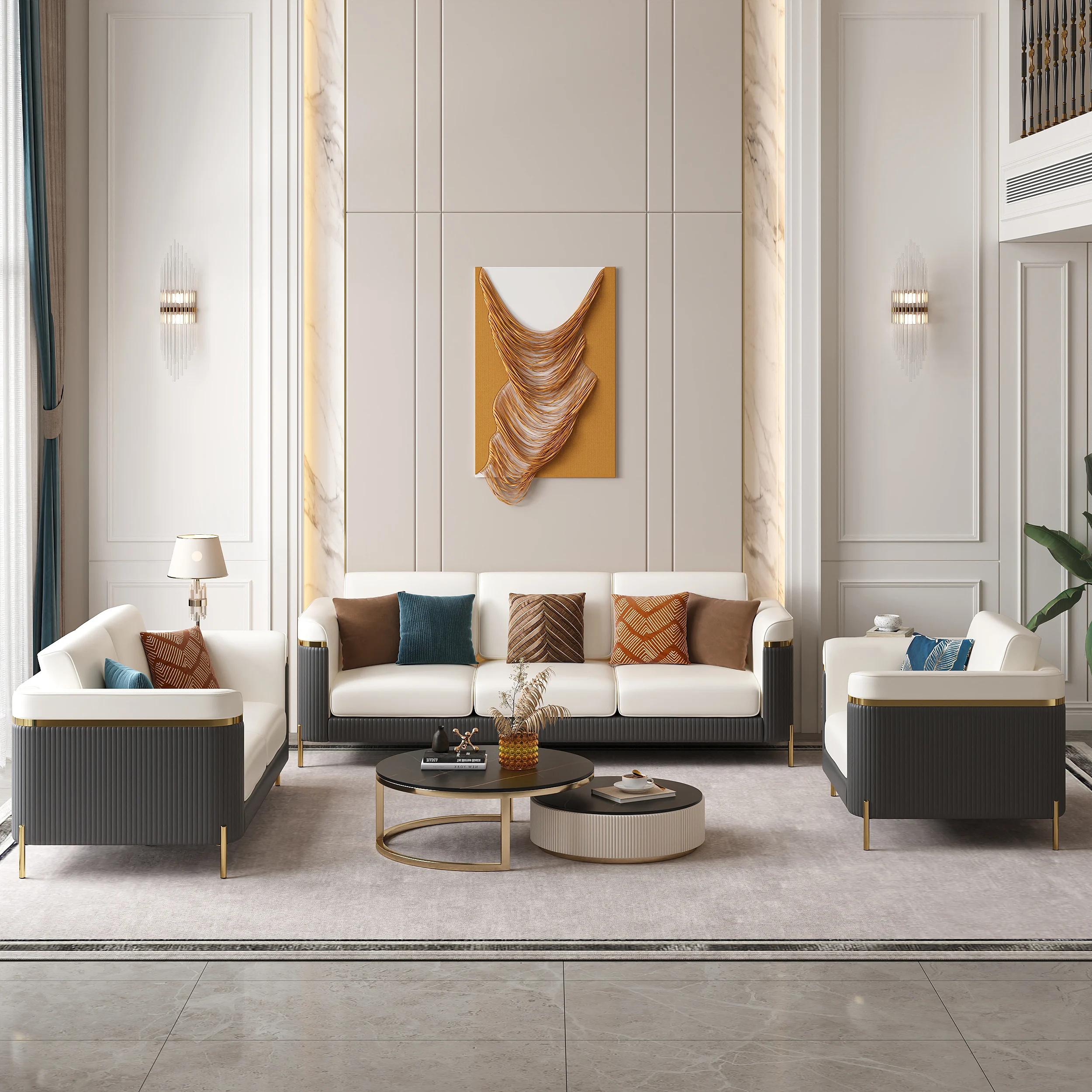 Modern Upholstered 3-Seater Nappa Leather Sofa Pillow Included 85" - Image 8