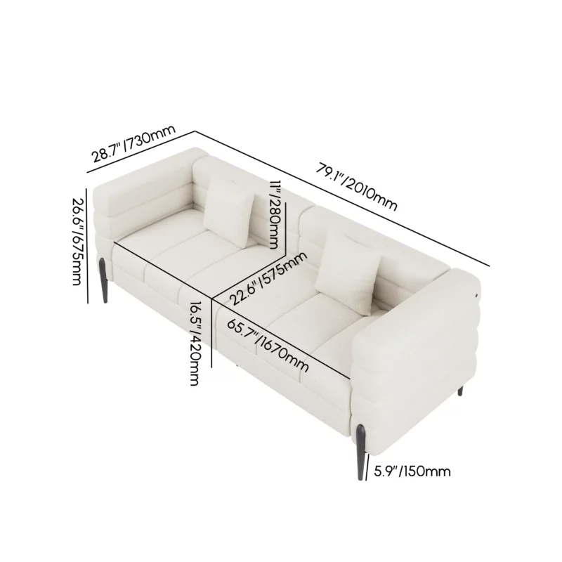 3-seater White Boucle Fluted Sofa with Pillows & Black Legs