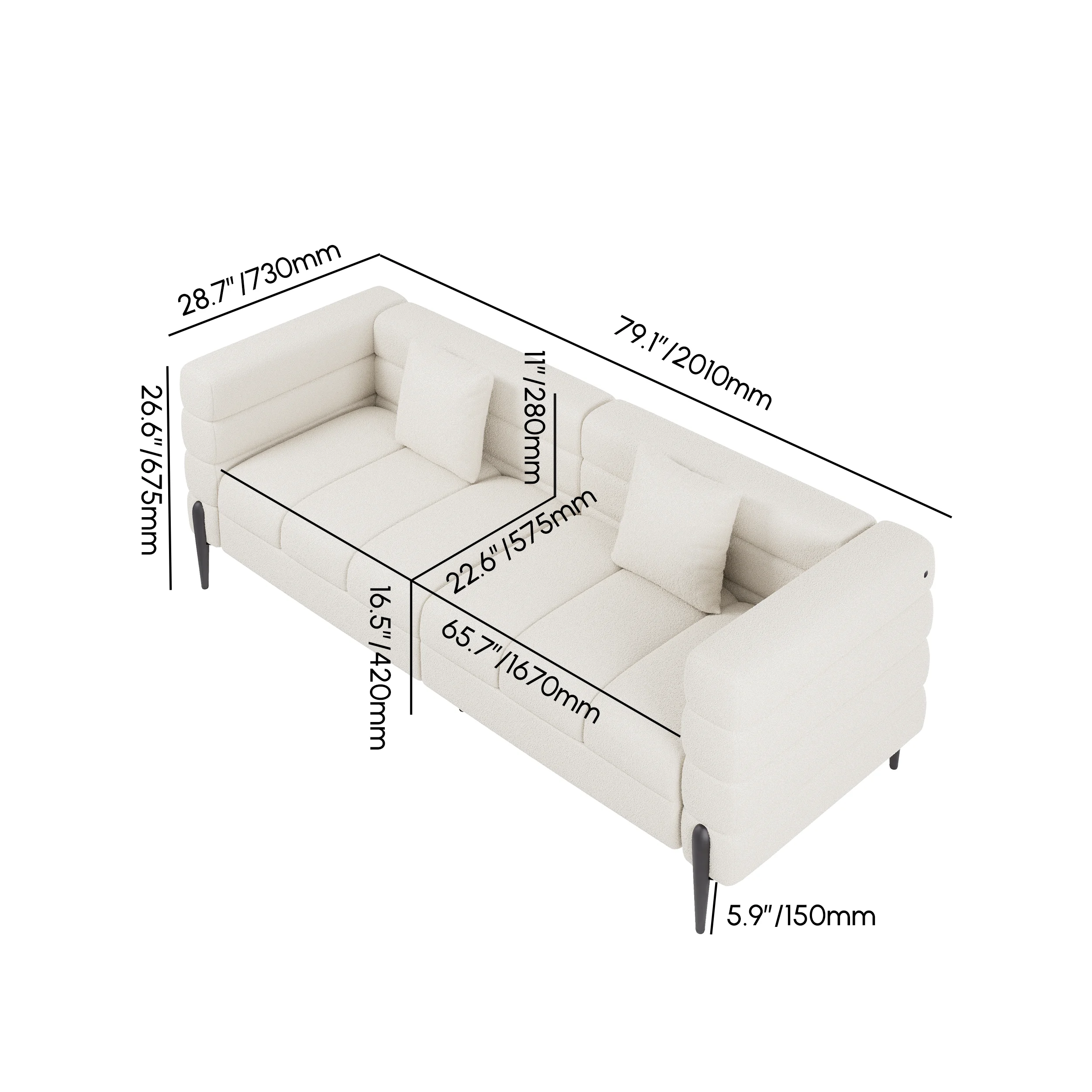 3-seater White Boucle Fluted Sofa with Pillows & Black Legs - Image 8