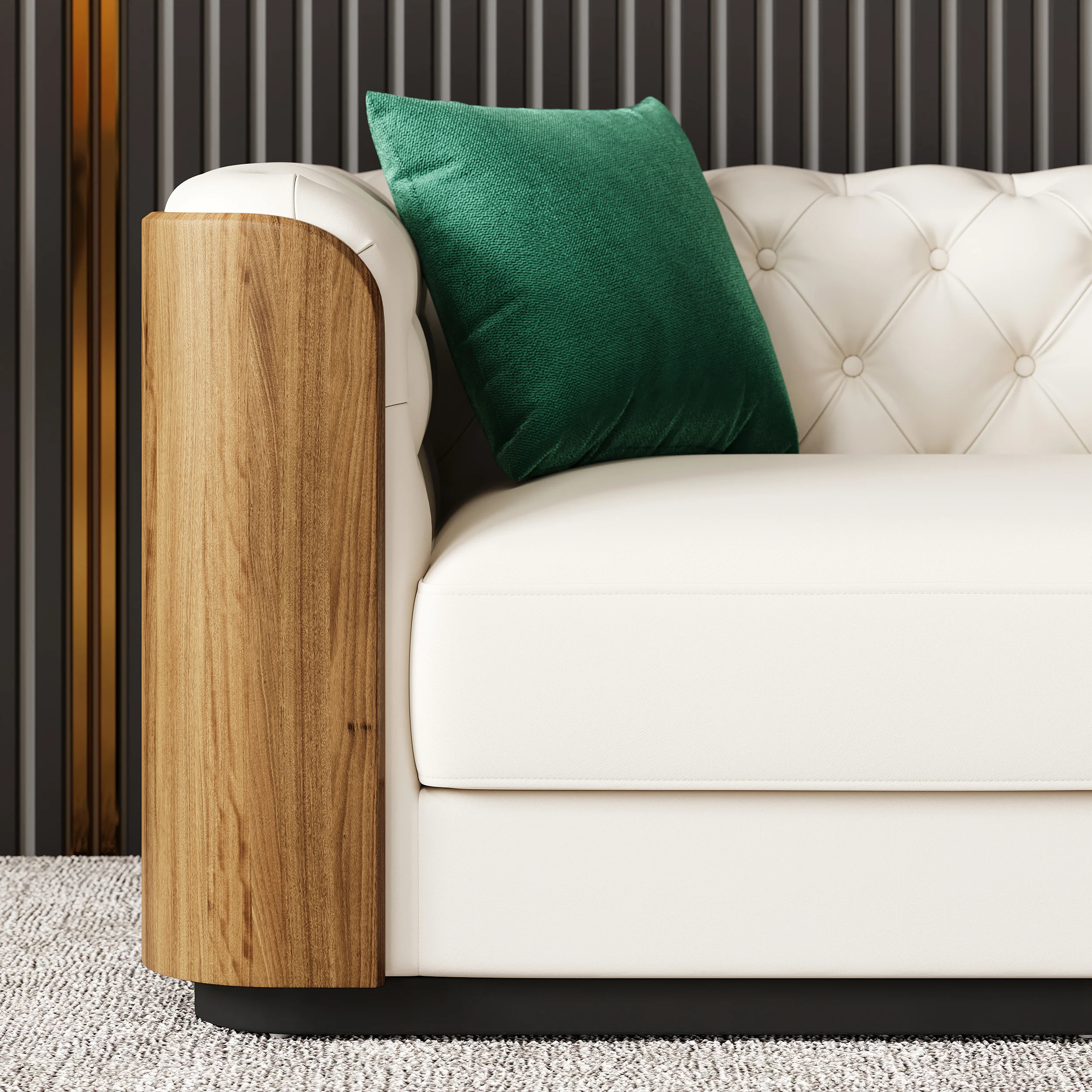 Classic luxury 3 Seater Faux Leather Tufted Sofa with pillow and wood accents - Image 6