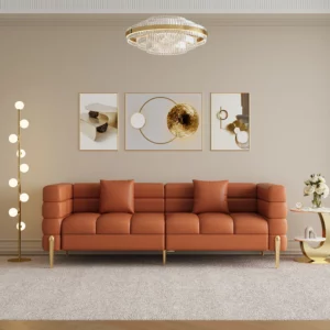 79in Faux Performance Leather Fluted Sofa with Gold Legs & Pillows - Image 4
